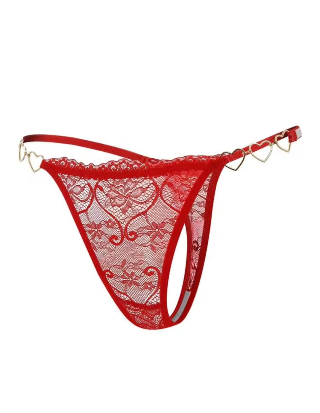 Women's Red Lace Lingerie Thong with Gold Heart Chain Sides